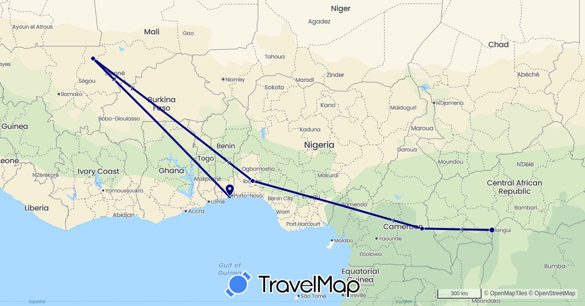 TravelMap itinerary: driving in Benin, Central African Republic, Cameroon, Mali, Nigeria (Africa)